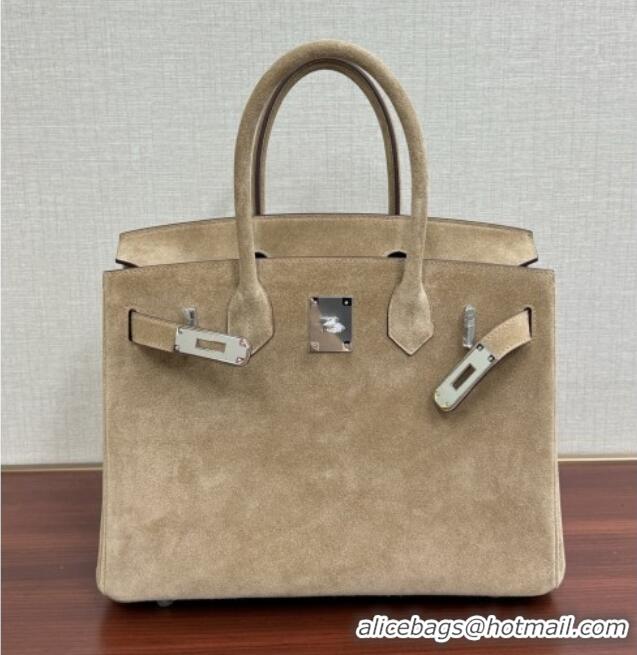 Luxury Cheap Hermes Birkin 25 Bag in Suede Leather H25 Beige/Silver 2025 (Half Handmade)