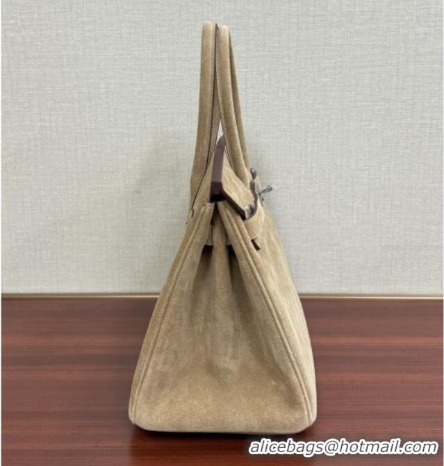 Luxury Cheap Hermes Birkin 25 Bag in Suede Leather H25 Beige/Silver 2025 (Half Handmade)