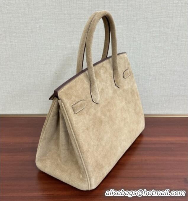 Luxury Cheap Hermes Birkin 25 Bag in Suede Leather H25 Beige/Silver 2025 (Half Handmade)