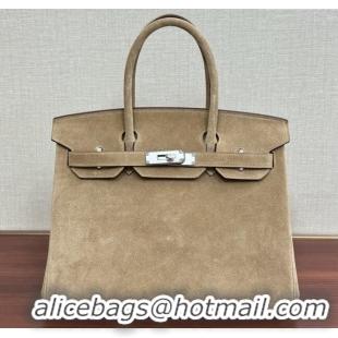 Promotional Hermes Birkin 30 Bag in Suede Leather H30 Beige/Silver 2025 (Half Handmade)