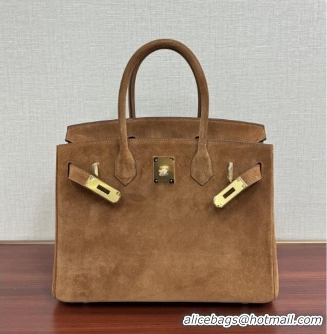 Grade Design Hermes Birkin 25 Bag in Suede Leather H25 Brown/Gold 2025 (Half Handmade)