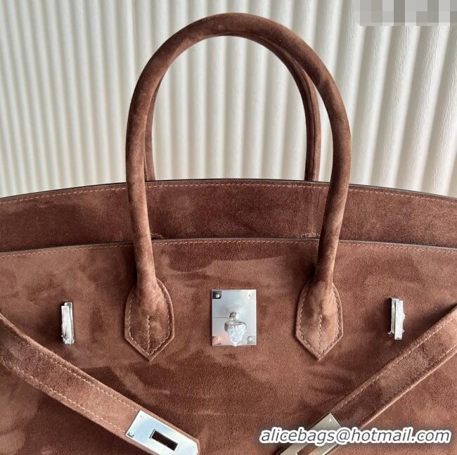 Top Design Hermes Birkin 35 Bag in Suede Leather H35 Teddy Brown/Silver 2025 (Half Handmade)