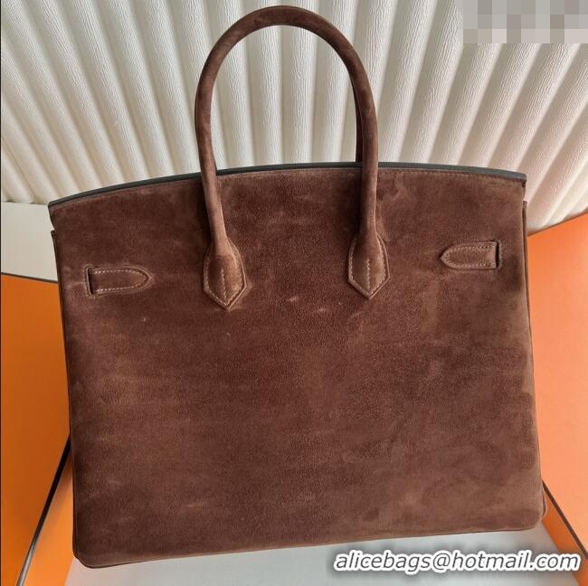 Top Design Hermes Birkin 35 Bag in Suede Leather H35 Teddy Brown/Silver 2025 (Half Handmade)