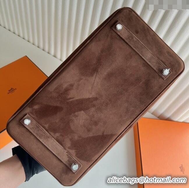 Top Design Hermes Birkin 35 Bag in Suede Leather H35 Teddy Brown/Silver 2025 (Half Handmade)