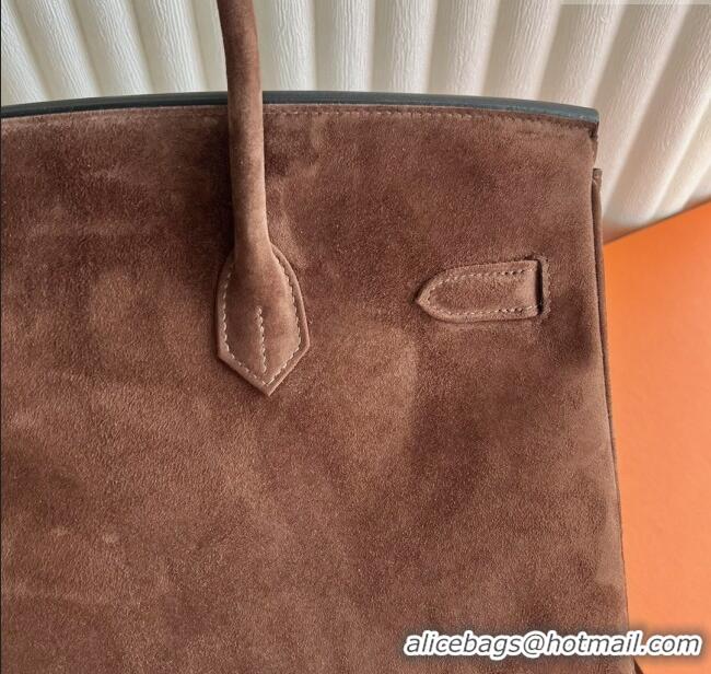 Top Design Hermes Birkin 35 Bag in Suede Leather H35 Teddy Brown/Silver 2025 (Half Handmade)