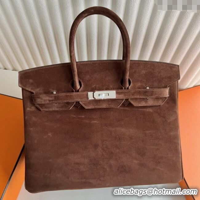 Top Design Hermes Birkin 35 Bag in Suede Leather H35 Teddy Brown/Silver 2025 (Half Handmade)
