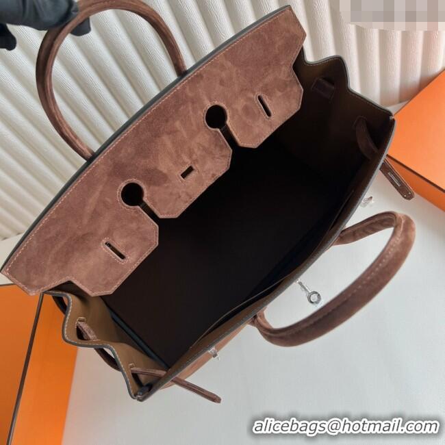 Top Design Hermes Birkin 35 Bag in Suede Leather H35 Teddy Brown/Silver 2025 (Half Handmade)