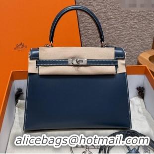 Luxurious Hermes Kelly 25 Bag in Box Leather K25 7P Blue/Silver 2025 (Half Handmade)