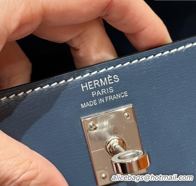 Luxurious Hermes Kelly 25 Bag in Box Leather K25 7P Blue/Silver 2025 (Half Handmade)