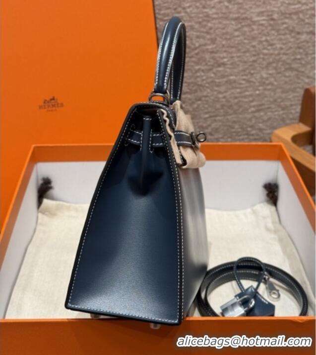 Luxurious Hermes Kelly 25 Bag in Box Leather K25 7P Blue/Silver 2025 (Half Handmade)