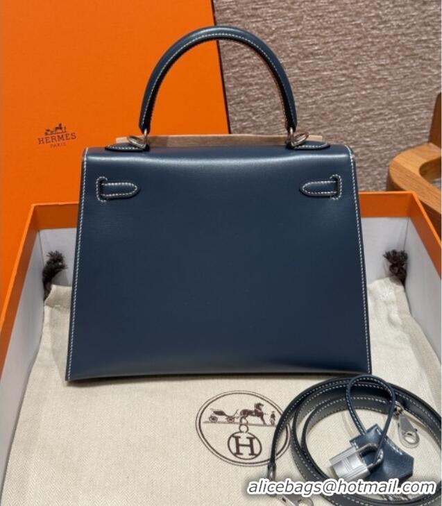 Luxurious Hermes Kelly 25 Bag in Box Leather K25 7P Blue/Silver 2025 (Half Handmade)