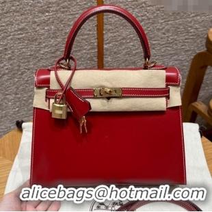 Top Grade Hermes Kelly 25 Bag in Box Leather K25 5X Rouge Piment/Gold 2025 (Half Handmade)
