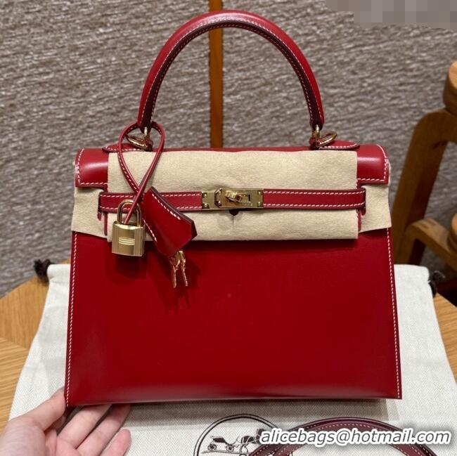 Top Grade Hermes Kelly 25 Bag in Box Leather K25 5X Rouge Piment/Gold 2025 (Half Handmade)