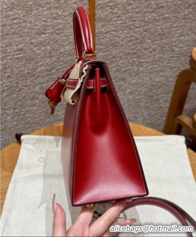 Top Grade Hermes Kelly 25 Bag in Box Leather K25 5X Rouge Piment/Gold 2025 (Half Handmade)