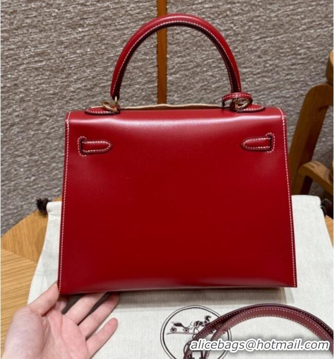 Top Grade Hermes Kelly 25 Bag in Box Leather K25 5X Rouge Piment/Gold 2025 (Half Handmade)