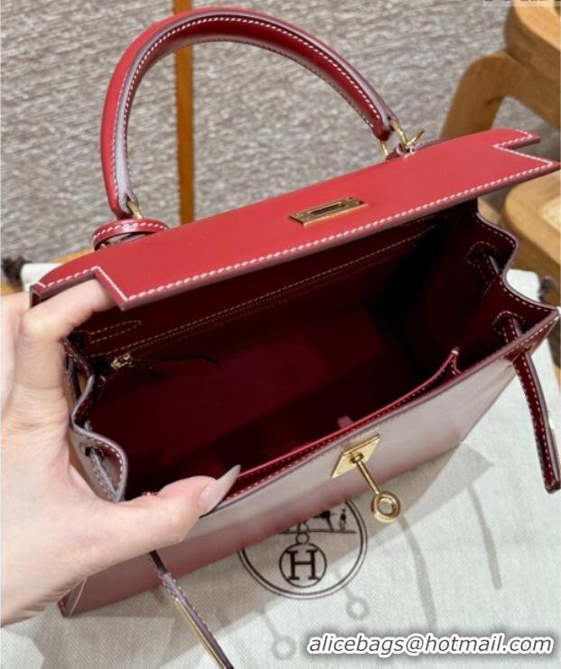 Top Grade Hermes Kelly 25 Bag in Box Leather K25 5X Rouge Piment/Gold 2025 (Half Handmade)
