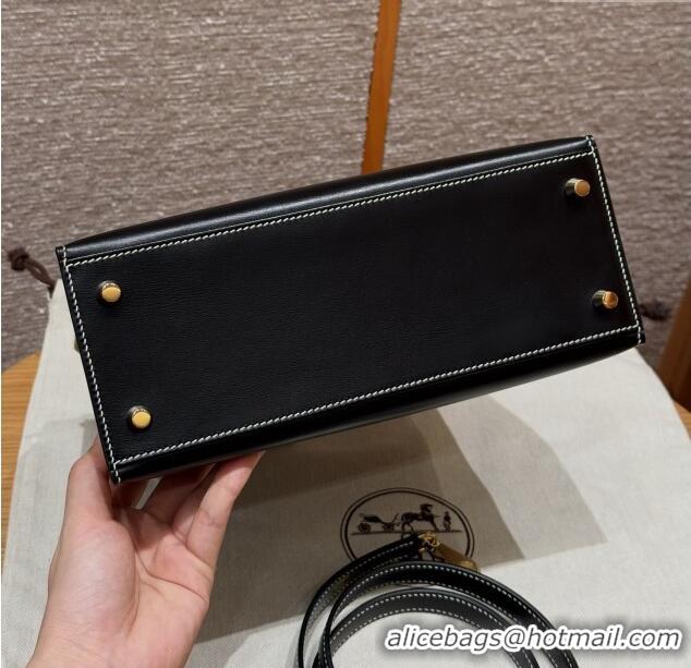 Best Price Hermes Kelly 25 Bag in Box Leather K25 Black/Gold 2025 (Half Handmade)