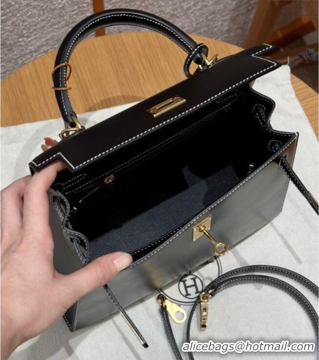 Best Price Hermes Kelly 25 Bag in Box Leather K25 Black/Gold 2025 (Half Handmade)
