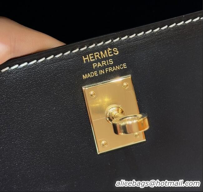 Best Price Hermes Kelly 25 Bag in Box Leather K25 Black/Gold 2025 (Half Handmade)