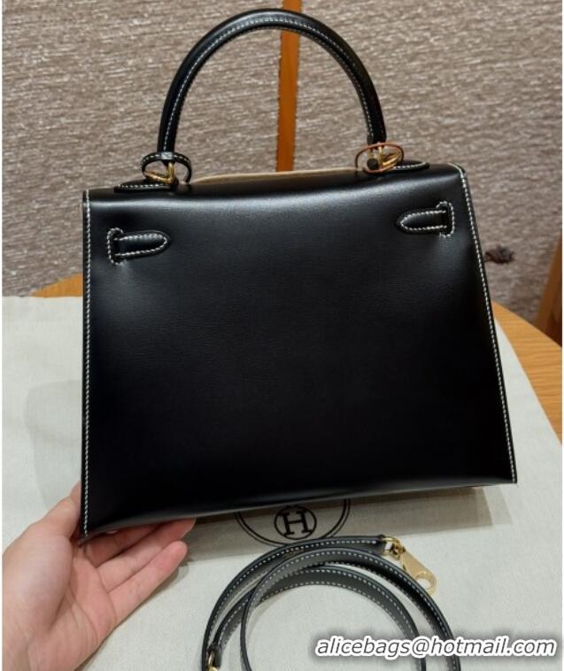 Best Price Hermes Kelly 25 Bag in Box Leather K25 Black/Gold 2025 (Half Handmade)