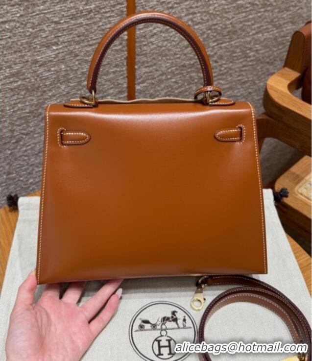 Good Discount Hermes Kelly 25 Bag in Box Leather K25 Brown/Gold 2025 (Half Handmade)