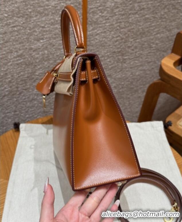 Good Discount Hermes Kelly 25 Bag in Box Leather K25 Brown/Gold 2025 (Half Handmade)