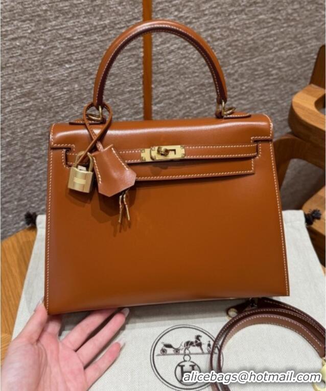 Good Discount Hermes Kelly 25 Bag in Box Leather K25 Brown/Gold 2025 (Half Handmade)