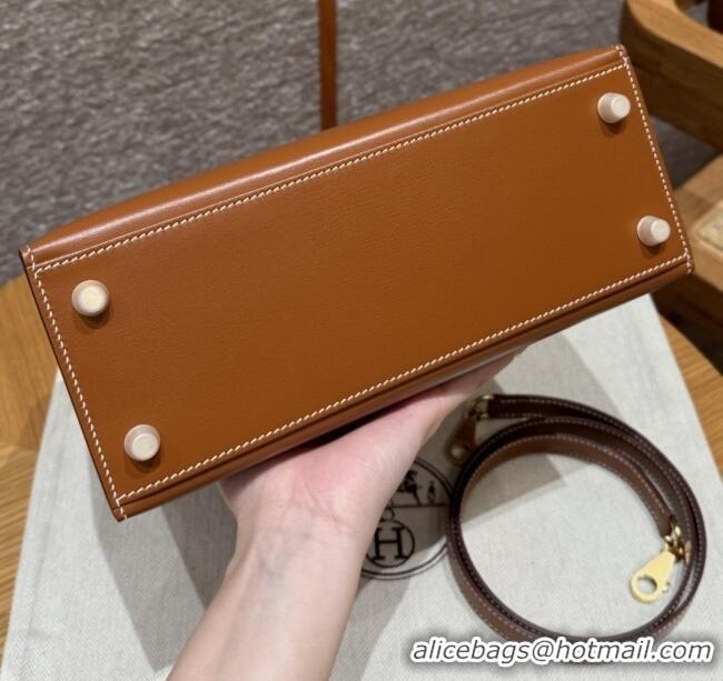 Good Discount Hermes Kelly 25 Bag in Box Leather K25 Brown/Gold 2025 (Half Handmade)