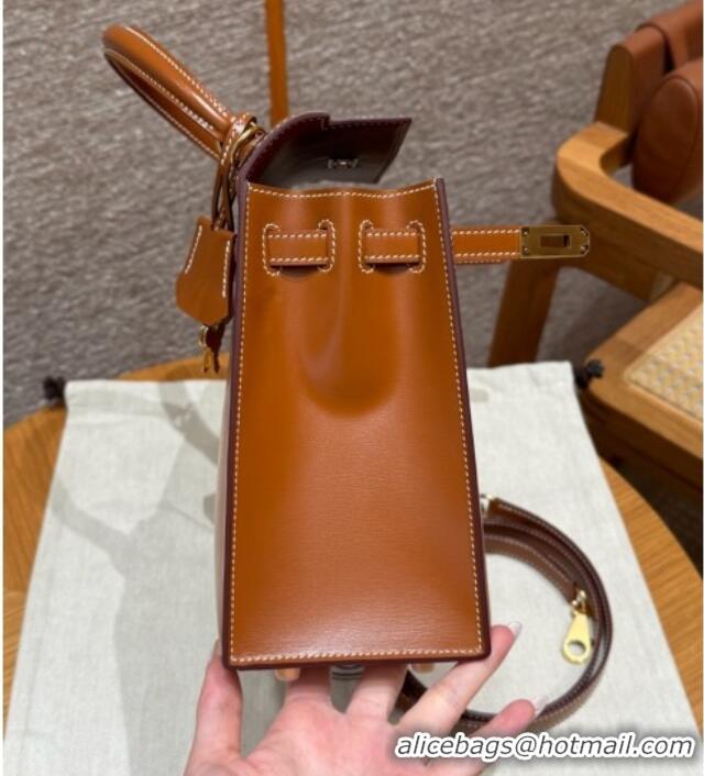 Good Discount Hermes Kelly 25 Bag in Box Leather K25 Brown/Gold 2025 (Half Handmade)