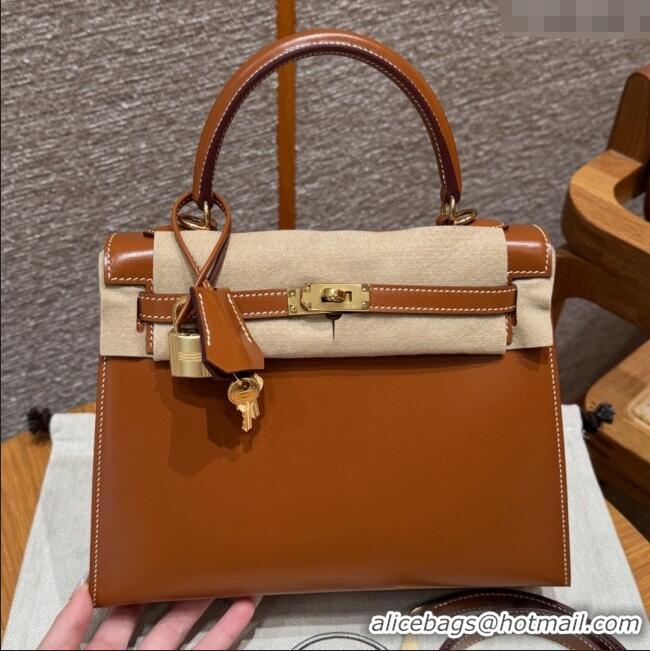 Good Discount Hermes Kelly 25 Bag in Box Leather K25 Brown/Gold 2025 (Half Handmade)