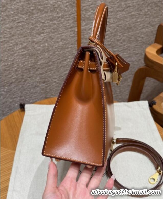 Good Discount Hermes Kelly 25 Bag in Box Leather K25 Brown/Gold 2025 (Half Handmade)