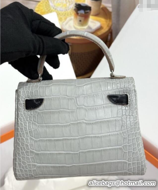 Reasonable Price Hermes Kelly Doll Bag in Matt Alligator Leather H16 Grey/Black 2025(Handmade)