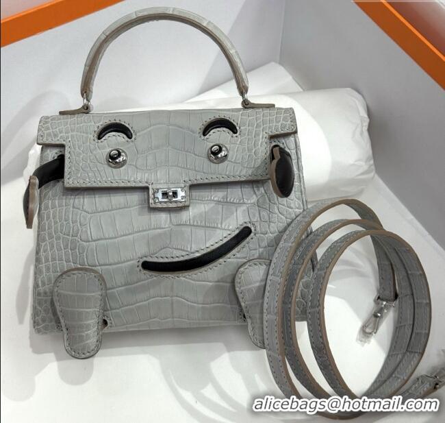 Reasonable Price Hermes Kelly Doll Bag in Matt Alligator Leather H16 Grey/Black 2025(Handmade)