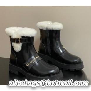 Grade Quality Dior DiorAlps D-Quest Ankle Boots in Shiny Calfskin and Wool with Buckle Strap Black DR121609 1216120