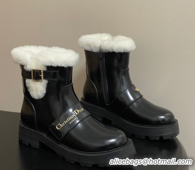 Grade Quality Dior DiorAlps D-Quest Ankle Boots in Shiny Calfskin and Wool with Buckle Strap Black DR121609 1216120