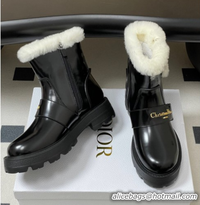 Grade Quality Dior DiorAlps D-Quest Ankle Boots in Shiny Calfskin and Wool with Buckle Strap Black DR121609 1216120