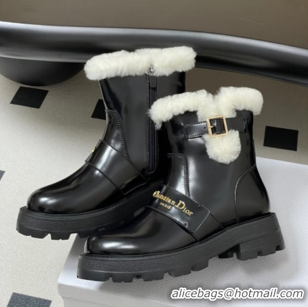 Grade Quality Dior DiorAlps D-Quest Ankle Boots in Shiny Calfskin and Wool with Buckle Strap Black DR121609 1216120