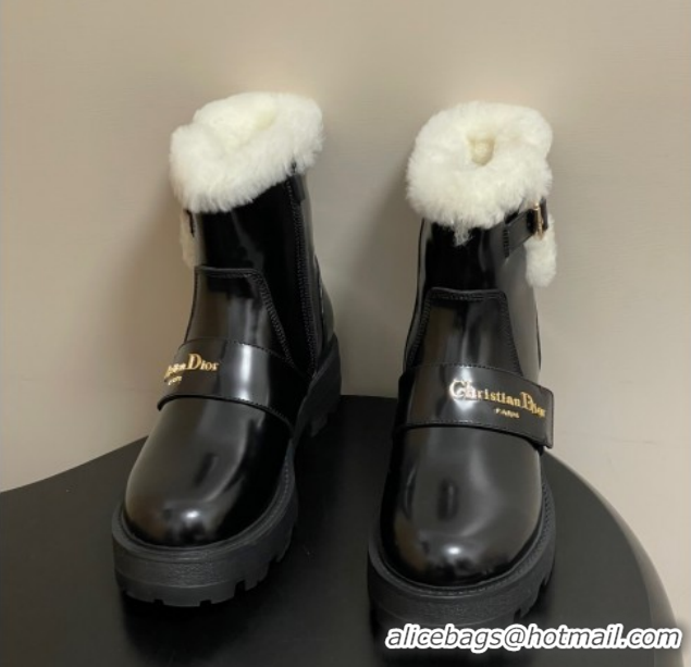 Grade Quality Dior DiorAlps D-Quest Ankle Boots in Shiny Calfskin and Wool with Buckle Strap Black DR121609 1216120