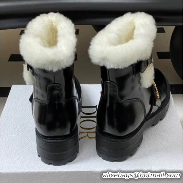 Grade Quality Dior DiorAlps D-Quest Ankle Boots in Shiny Calfskin and Wool with Buckle Strap Black DR121609 1216120