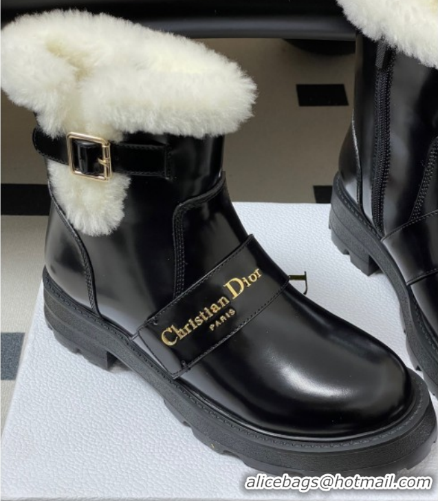 Grade Quality Dior DiorAlps D-Quest Ankle Boots in Shiny Calfskin and Wool with Buckle Strap Black DR121609 1216120