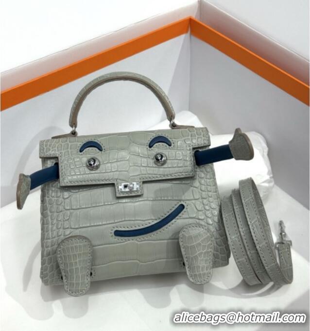 Buy Fashionable Hermes Kelly Doll Bag in Matt Alligator Leather H16 Grey/Blue 2025 (Handmade)