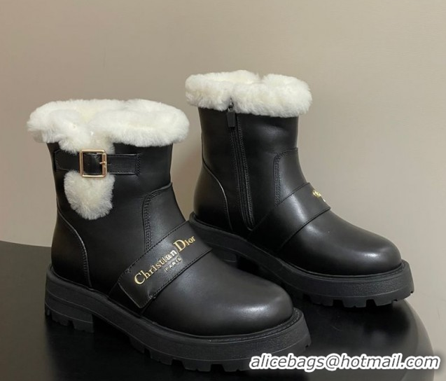 Best Grade Dior DiorAlps D-Quest Ankle Boots in Calfskin Leather and Wool with Buckle Strap Black DR121609 1216121