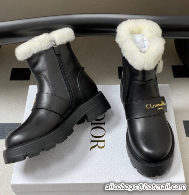 Best Grade Dior DiorAlps D-Quest Ankle Boots in Calfskin Leather and Wool with Buckle Strap Black DR121609 1216121