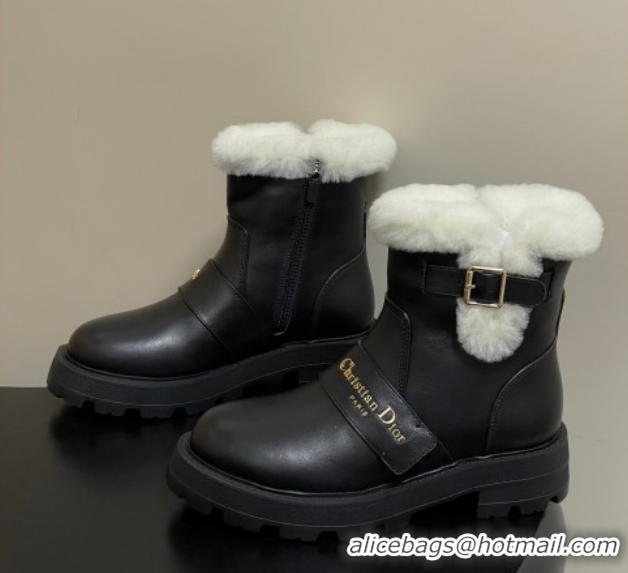 Best Grade Dior DiorAlps D-Quest Ankle Boots in Calfskin Leather and Wool with Buckle Strap Black DR121609 1216121