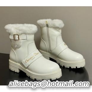 Stylish Dior DiorAlps D-Quest Ankle Boots in Calfskin Leather and Wool with Buckle Strap White DR121609 1216122