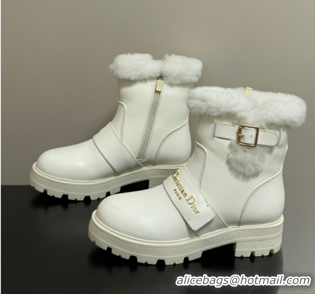 Stylish Dior DiorAlps D-Quest Ankle Boots in Calfskin Leather and Wool with Buckle Strap White DR121609 1216122