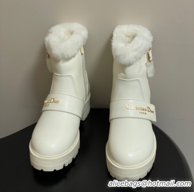 Stylish Dior DiorAlps D-Quest Ankle Boots in Calfskin Leather and Wool with Buckle Strap White DR121609 1216122