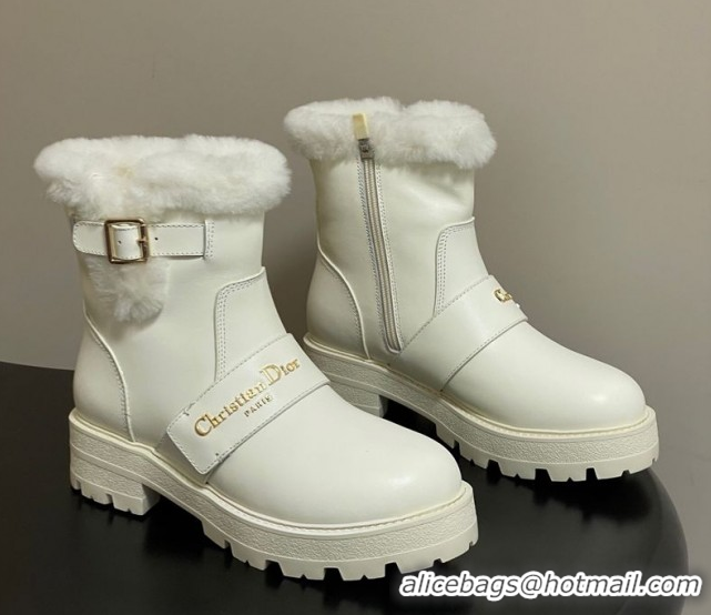 Stylish Dior DiorAlps D-Quest Ankle Boots in Calfskin Leather and Wool with Buckle Strap White DR121609 1216122