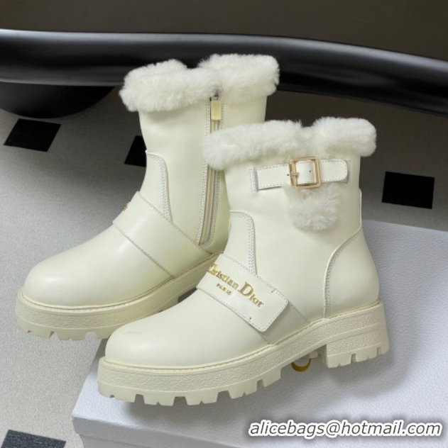 Stylish Dior DiorAlps D-Quest Ankle Boots in Calfskin Leather and Wool with Buckle Strap White DR121609 1216122