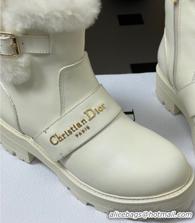 Stylish Dior DiorAlps D-Quest Ankle Boots in Calfskin Leather and Wool with Buckle Strap White DR121609 1216122